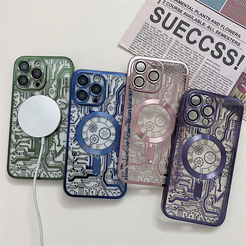 IPHONE Casing Transparan Magnetik Bermotif Sirkuit Dengan Pelindung Lensa Kamera Untuk Iphone14 13 12 11 pro max