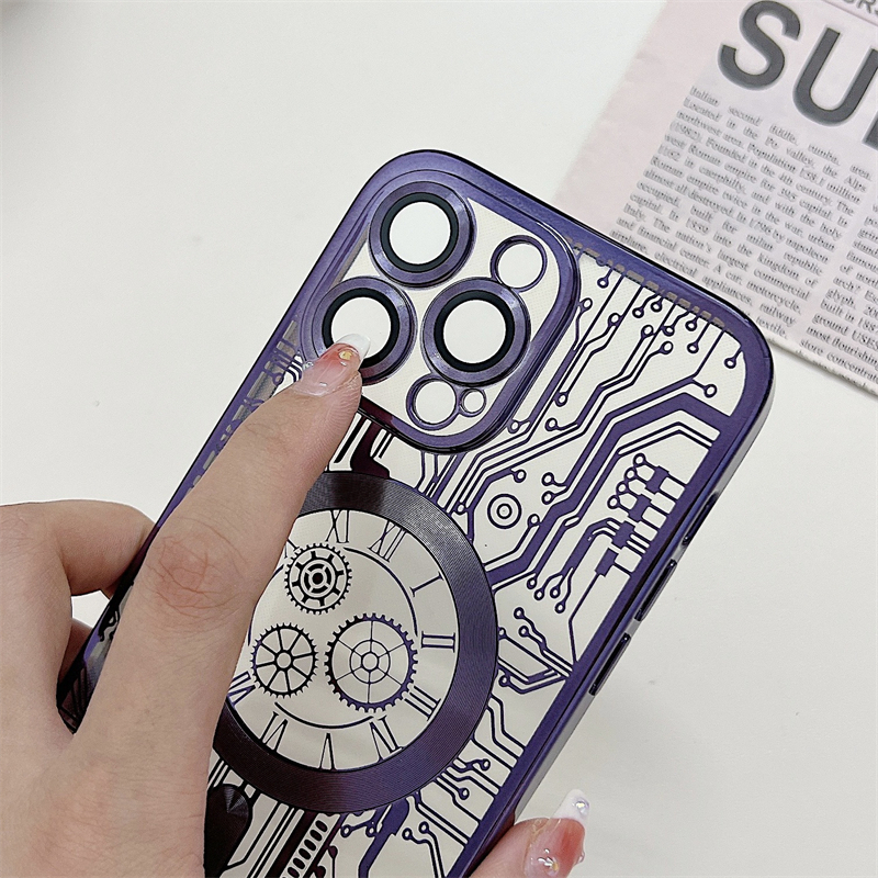 IPHONE Casing Transparan Magnetik Bermotif Sirkuit Dengan Pelindung Lensa Kamera Untuk Iphone14 13 12 11 pro max