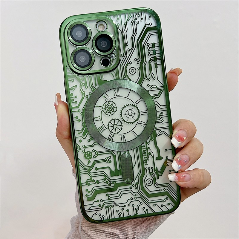 IPHONE Casing Transparan Magnetik Bermotif Sirkuit Dengan Pelindung Lensa Kamera Untuk Iphone14 13 12 11 pro max