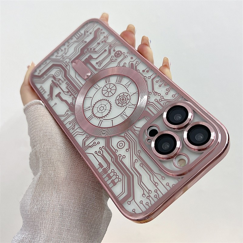 IPHONE Casing Transparan Magnetik Bermotif Sirkuit Dengan Pelindung Lensa Kamera Untuk Iphone14 13 12 11 pro max