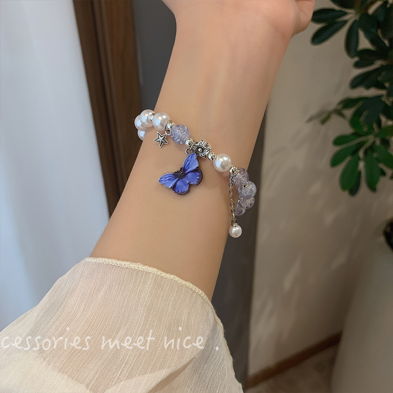 Ins Angin Kupu-Kupu Kristal Manik-Manik Gelang Es Retak Mutiara Gadis Handwear Bracelet