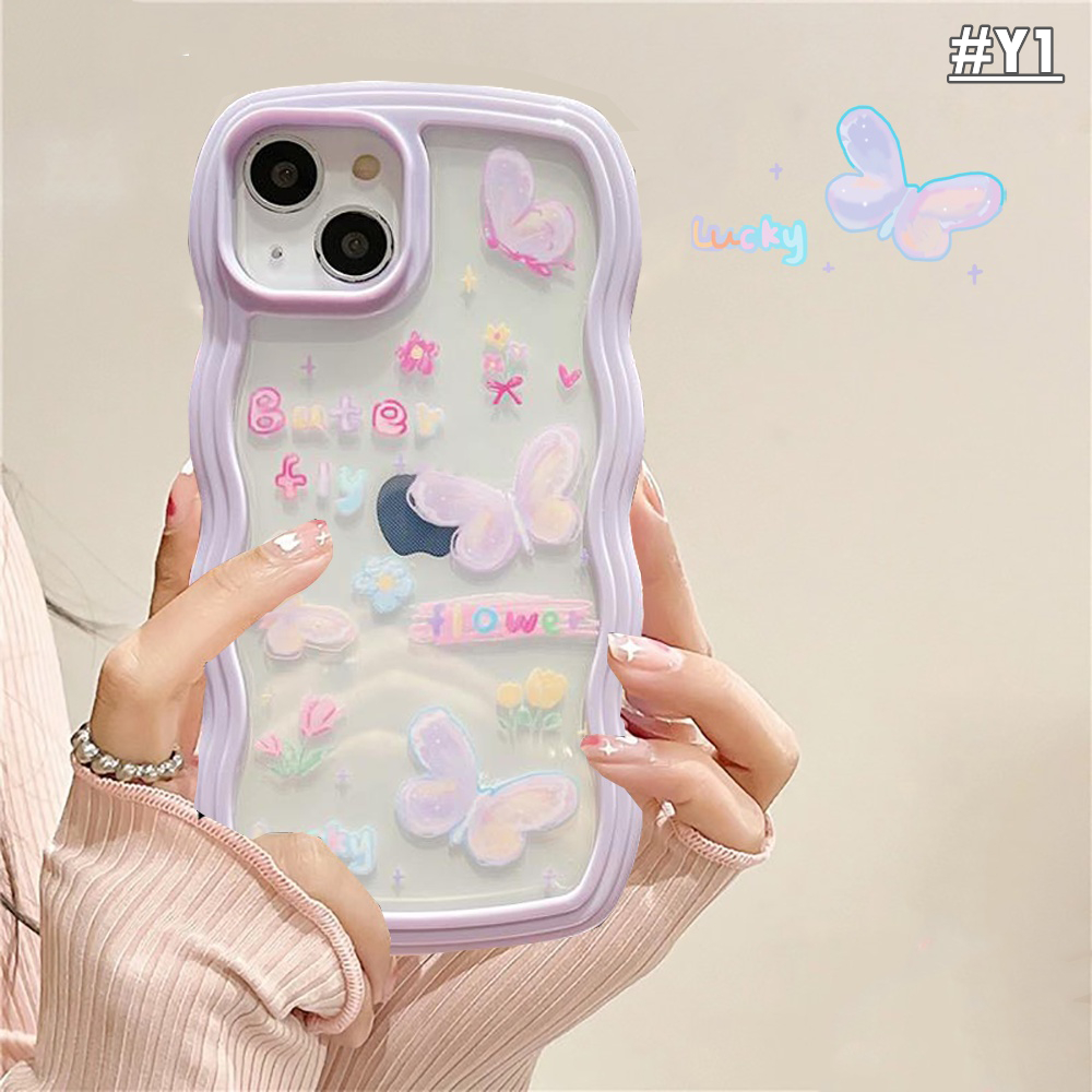 IPHONE Case Fashion Cocok Untuk Iphone11 14 12 13 Pro MAX iPhone7 8plus 6s Plus XR 14Plus XS MAX SE 2020 Fantasi Lucu Kartun Kupu-Kupu Bergelombang Tepi Bening Lembut Phone Cover BY