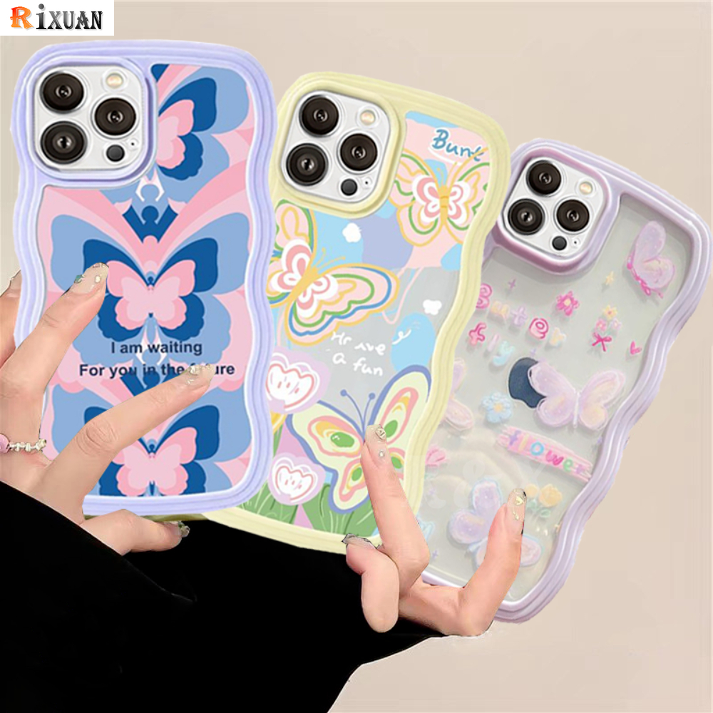 Redmi A2 A1 Redmi Note12 Note12 Pro Note 11S 10C 10A 9C 9A 10 9T 9 Note 10 5G 10s Note9 Note8 Poco X3 NFC M3 Wave Frame Case Kupu-Kupu Lucu Shockproof TPU Soft Cover RIXUAN