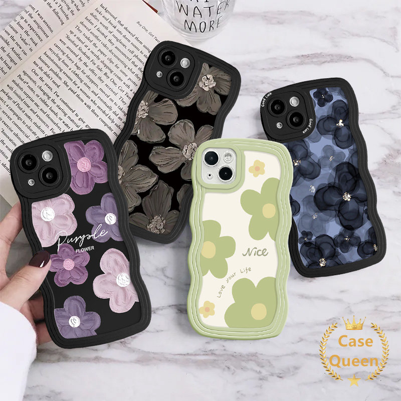 IPHONE Art Fashion Cat Minyak Warna Hitam Ungu Floral Case Kompatibel Untuk Iphone11 Pro Max 7Plus XR XS X Max 13 14 12 Pro Max8 6 7 6s Plus SE 2020bunga Segar Lembut Tpu Bergelombang Penutup Tepi