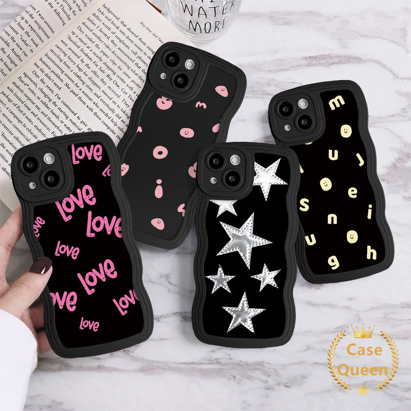 Fashion Bintang Graffiti Huruf Inggris Case Untuk Redmi 10A 9C 10 12C A1 9C NFC 9T 10C 9 9A Redmi Note 9 8 11s 10 11 10S Ins Kartun Sederhana Alfabet Senyum Pasangan Lembut Bergelombang Penutup Tepi