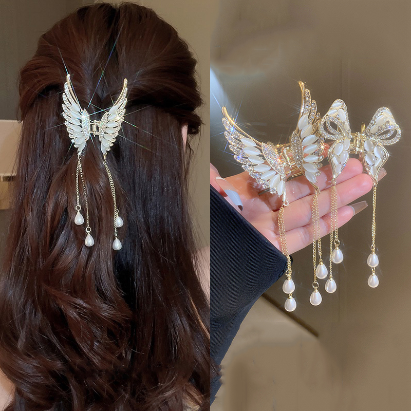 Korea Alloy Kristal Kupu-Kupu Rambut Klip Berlian Imitasi Mutiara Rumbai Jepit Rambut Ponytail Clip Woman Aksesoris Rambut