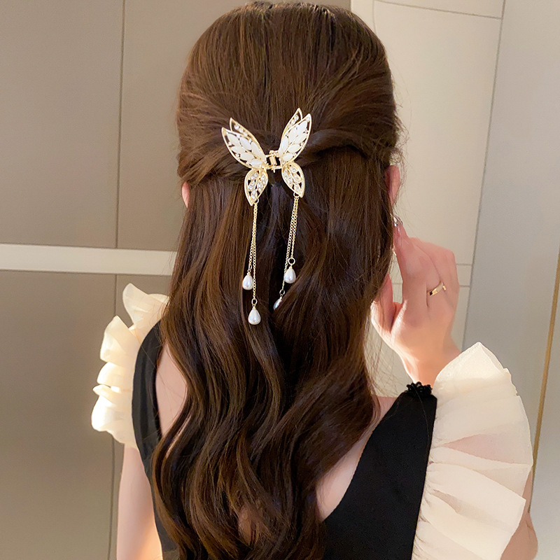 Korea Alloy Kristal Kupu-Kupu Rambut Klip Berlian Imitasi Mutiara Rumbai Jepit Rambut Ponytail Clip Woman Aksesoris Rambut