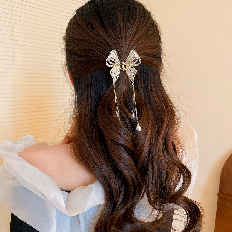 Korea Alloy Kristal Kupu-Kupu Rambut Klip Berlian Imitasi Mutiara Rumbai Jepit Rambut Ponytail Clip Woman Aksesoris Rambut