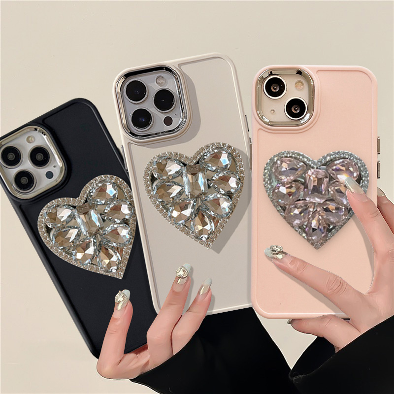 3d Berlian Cinta Hati Bracket Soft Phone Case Kompatibel Untuk IPhone 7plus 11 13 14 12 Pro MAX X XR 7 8 Plus XS MAX Sederhana Warna Macaron Soft Holder Cover Pelindung