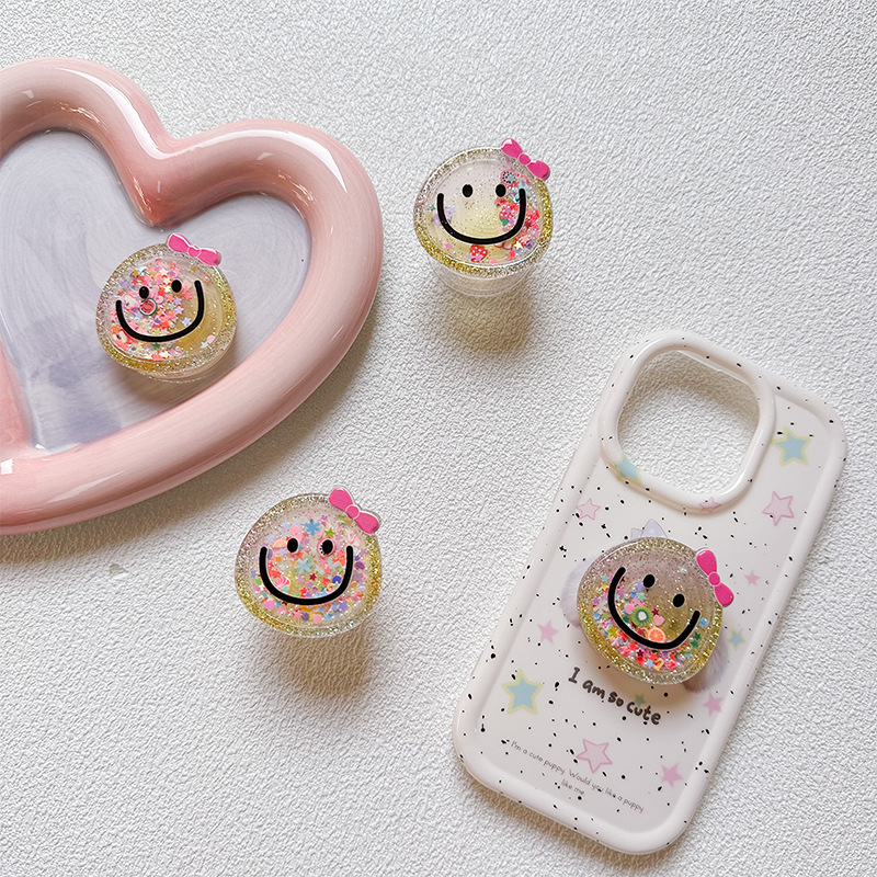 Ins Smiley Face Phone Bracket Pink Bow Quicksand Ditarik Phone Holder