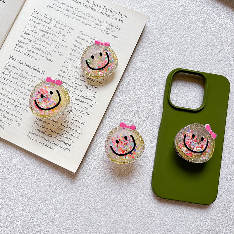 Ins Smiley Face Phone Bracket Pink Bow Quicksand Ditarik Phone Holder