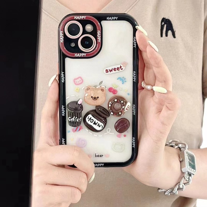 Stereoscopic Doll Puff Crystal Coffee Bear Silicone SoftCase IPhone XR XS Max 11 12 13 14 Pro Max 14 Plus Girl Woman's Fashion Pretty Cute Phone Case