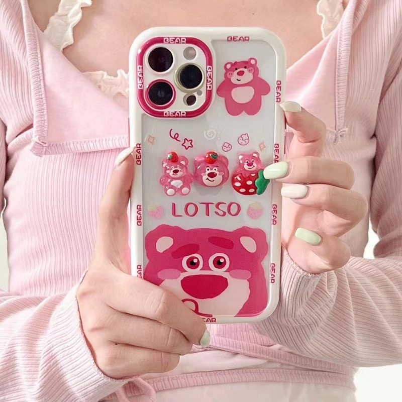 Stereoscopic Doll Puff Lotso Strawberry Bear Silicone SoftCase iPhone XR XS Max 11 12 13 14 Pro Max 14 Plus Girl Woman's Fashion Pretty Cute Phone Case