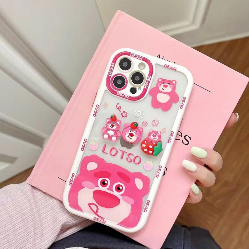 Stereoscopic Doll Puff Lotso Strawberry Bear Silicone SoftCase iPhone XR XS Max 11 12 13 14 Pro Max 14 Plus Girl Woman's Fashion Pretty Cute Phone Case