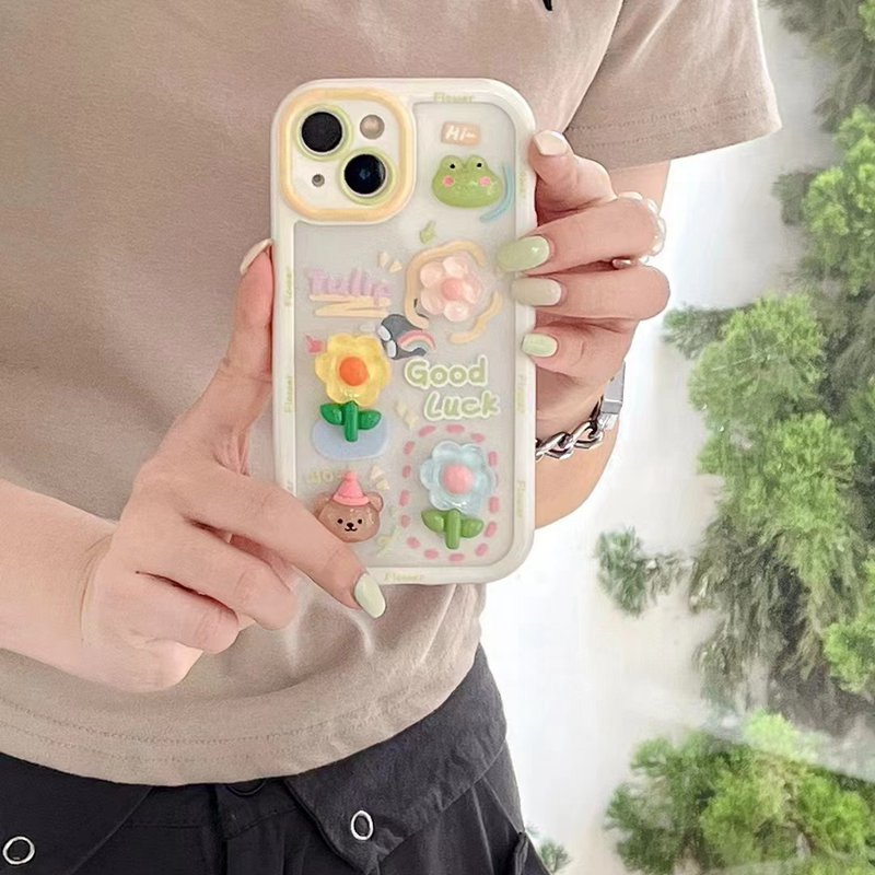 Stereoscopic Doll Puff Crystal Flower Frog Silicone SoftCase IPhone XR XS Max 11 12 13 14 Pro Max 14 Plus Girl Woman's Fashion Pretty Cute Phone Case