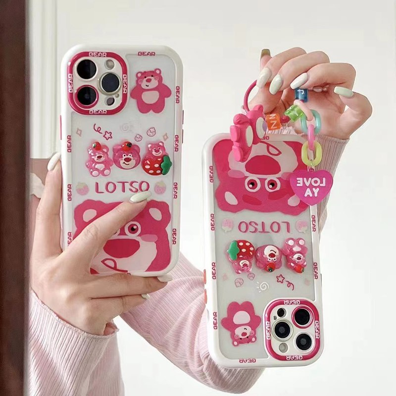 Stereoscopic Doll Puff Lotso Strawberry Bear Silicone SoftCase iPhone XR XS Max 11 12 13 14 Pro Max 14 Plus Girl Woman's Fashion Pretty Cute Phone Case