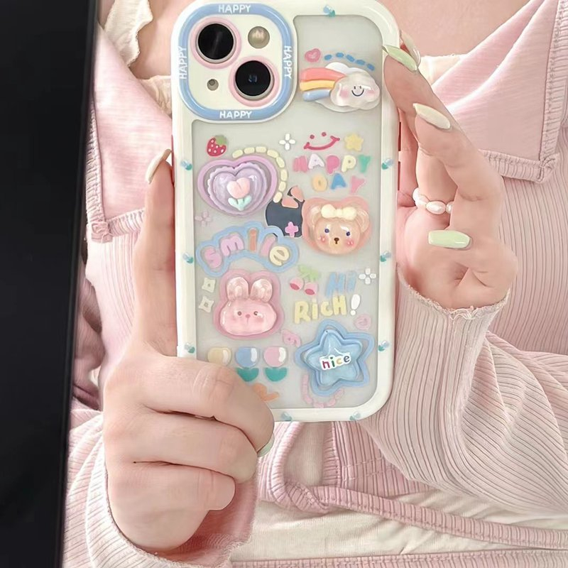 Stereoscopic Doll Puff Crystal Bear Rabbit Rainbow Silicone SoftCase IPhone XR XS Max 11 12 13 14 Pro Max 14 Plus Girl Woman's Fashion Pretty Cute Phone Case