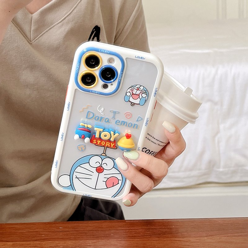 Stereoscopic Doll Puff Doraemon Silicone SoftCase iPhone XR XS Max 11 12 13 14 Pro Max 14 Plus Girl Woman's Fashion Pretty Cute Phone Case