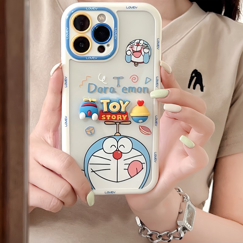 Stereoscopic Doll Puff Doraemon Silicone SoftCase iPhone XR XS Max 11 12 13 14 Pro Max 14 Plus Girl Woman's Fashion Pretty Cute Phone Case