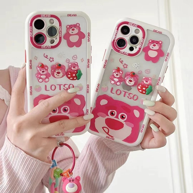 Stereoscopic Doll Puff Lotso Strawberry Bear Silicone SoftCase iPhone XR XS Max 11 12 13 14 Pro Max 14 Plus Girl Woman's Fashion Pretty Cute Phone Case