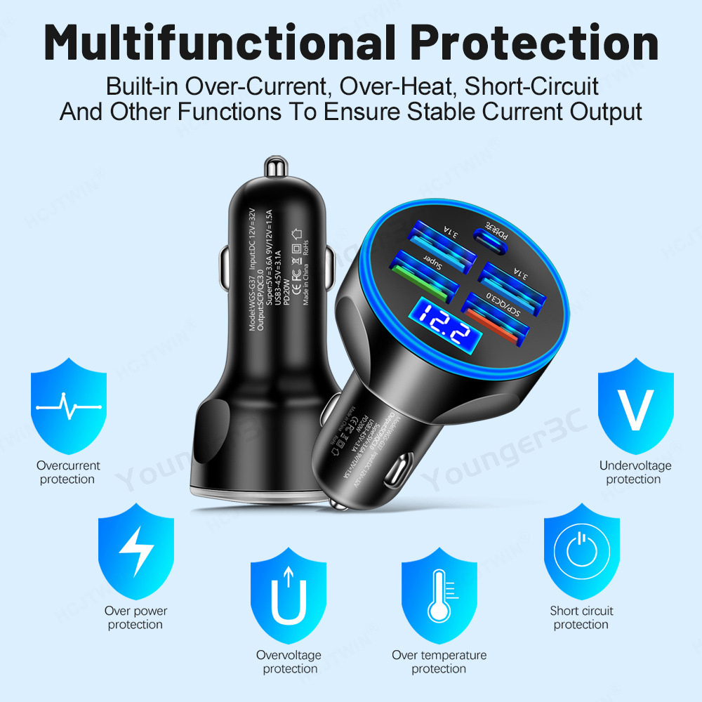 5 In 1 Multi Port Pengisian Daya Super Cepat 5 Port Adaptor Pengisian Daya Perjalanan Dengan Tampilan Digital Adaptor Pengisian Daya 4usb + Pd Dengan Tegangan