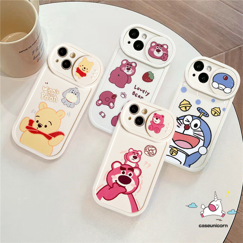 Tarik Dorong Jendela Kamera Perlindungan Casing Ponsel Kompatibel Untuk Iphone 11 13 12 Pro Max 7plus 7 8 Plus Xr X Xs Max Kartun Doraemon Strawberry Bear Winnie The Pooh Manyo Soft Cover