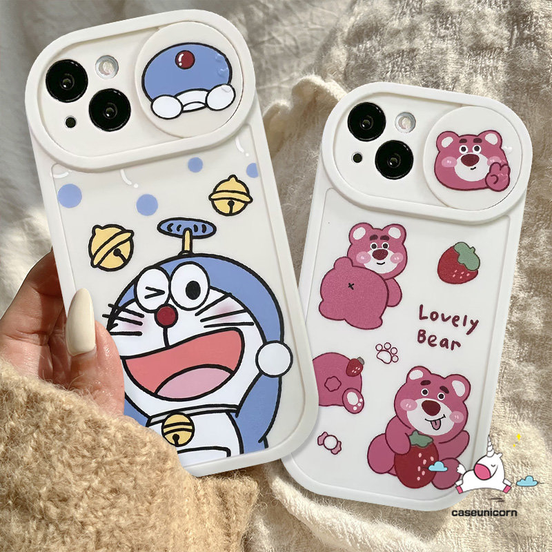 Tarik Dorong Jendela Kamera Perlindungan Casing Ponsel Kompatibel Untuk Iphone 11 13 12 Pro Max 7plus 7 8 Plus Xr X Xs Max Kartun Doraemon Strawberry Bear Winnie The Pooh Manyo Soft Cover