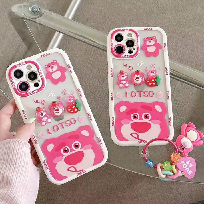 Stereoscopic Doll Puff Lotso Strawberry Bear Silicone SoftCase iPhone XR XS Max 11 12 13 14 Pro Max 14 Plus Girl Woman's Fashion Pretty Cute Phone Case