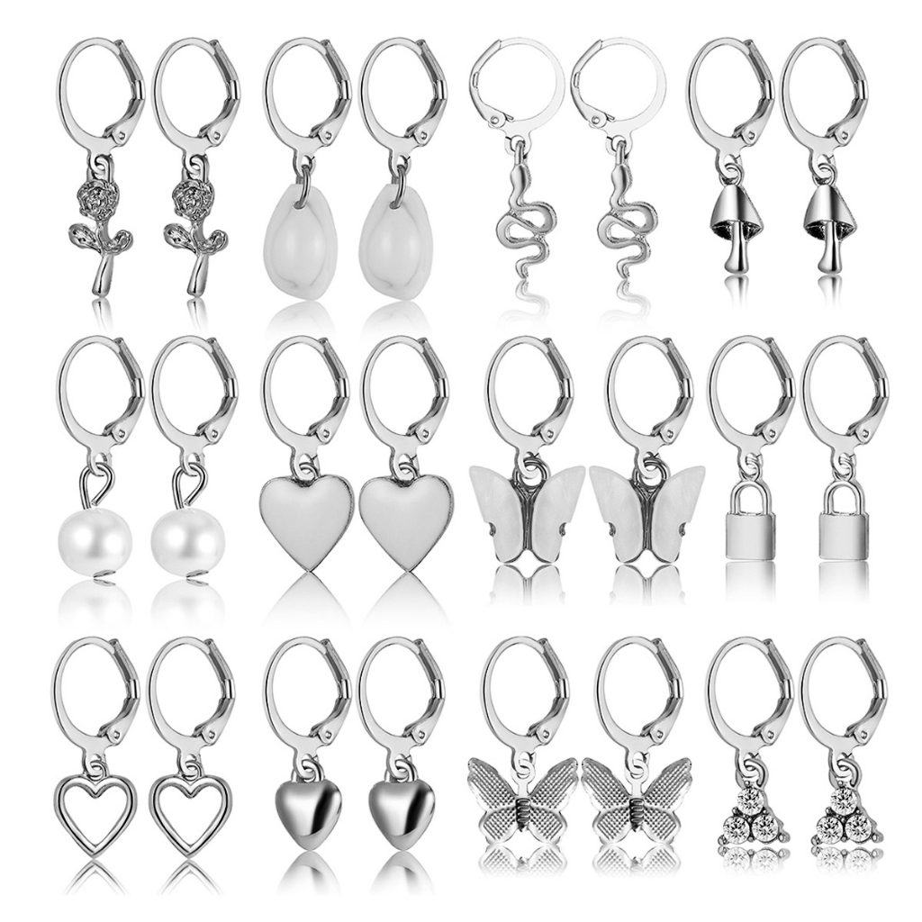 24pcs/set Trendi Lucu Hati Kupu-Kupu Ular Jamur Anting Untuk Wanita Kepribadian Kunci Bersinar Anting Perhiasan