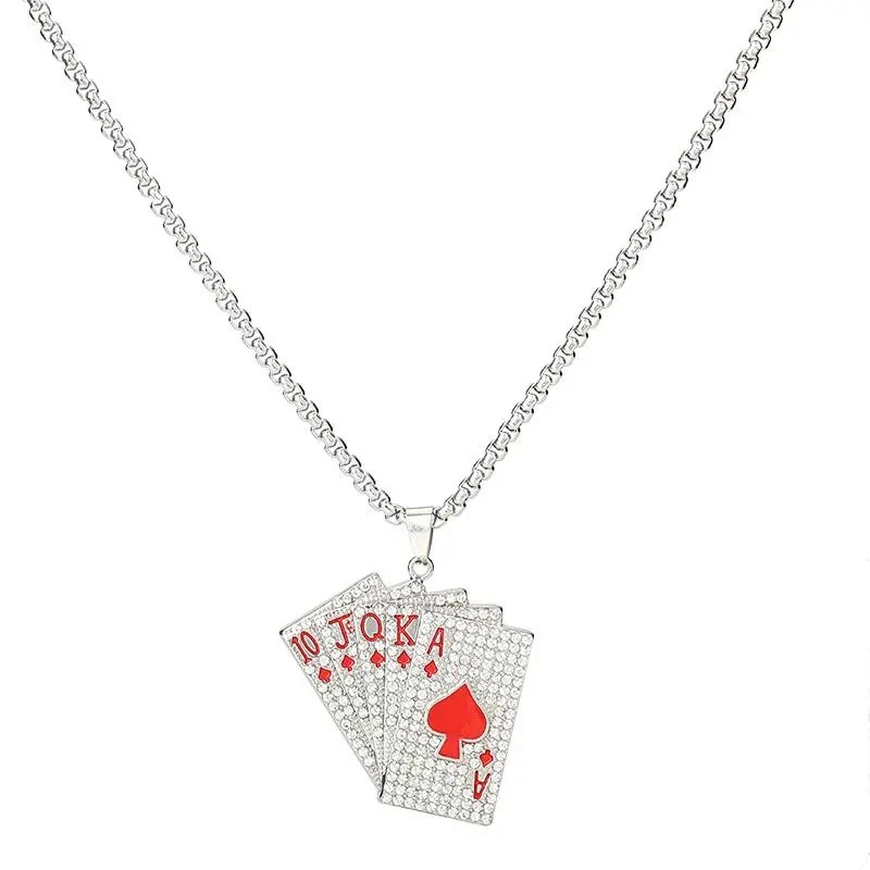 Kalung Liontin Kartu Poker Bahan Stainless Steel Warna Merah Hitam Silver Untuk Pria