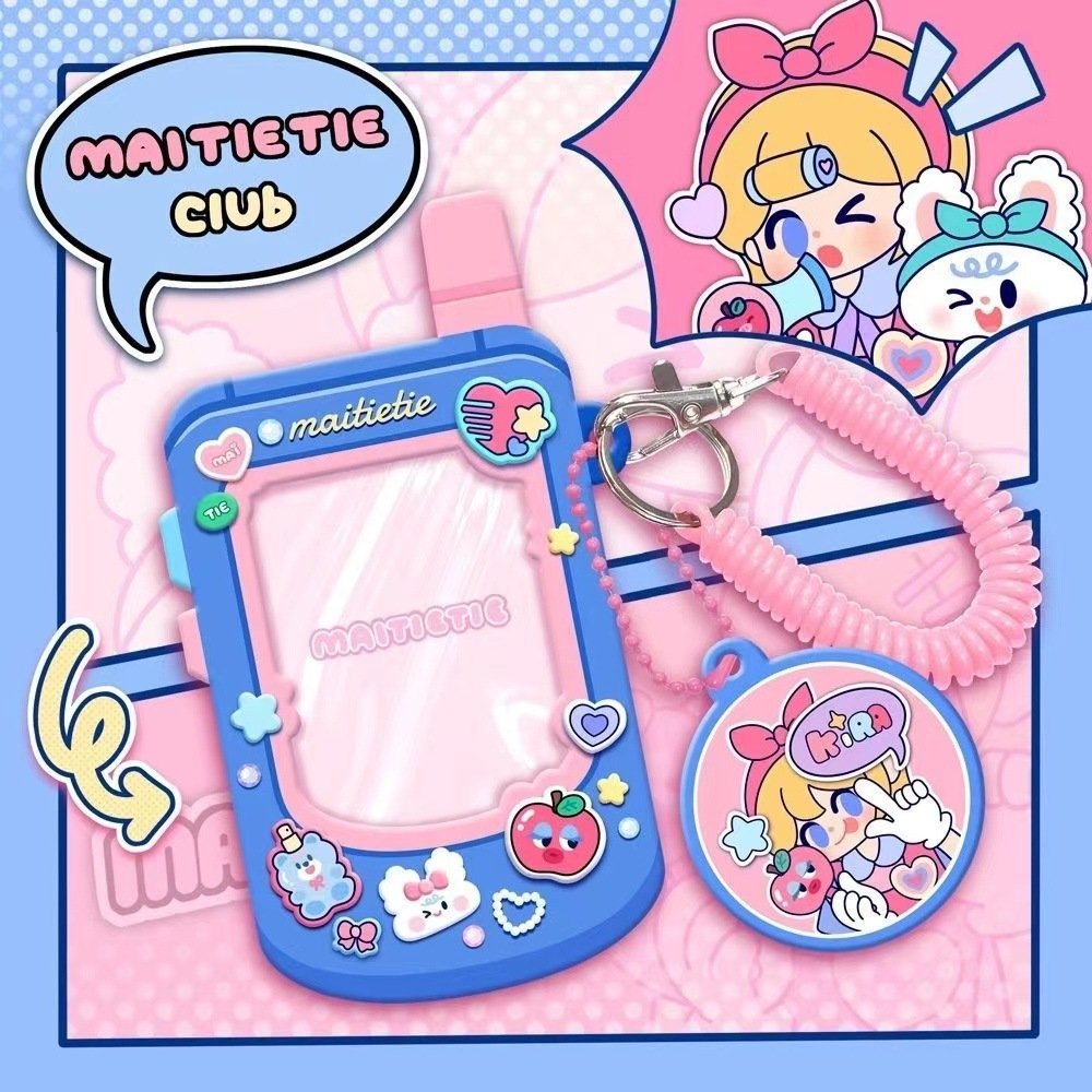 Retro Biru Phone Shape Card Holder Kpop Idol Photocard Kampus Bus Card Pelindung Display Lengan Alat Tulis Lucu