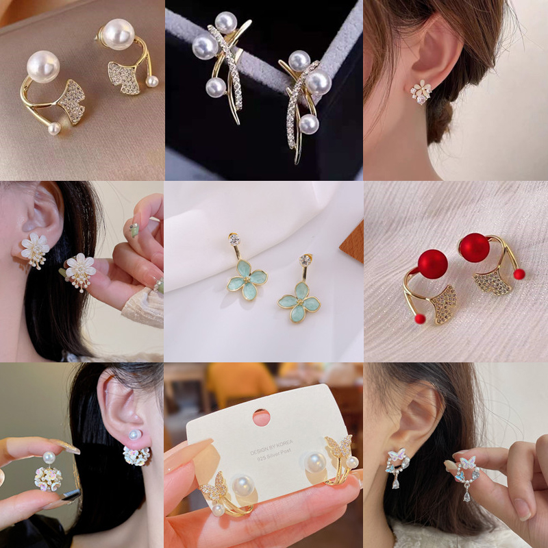 Set Bunga Zirkonium Anting Mutiara Untuk Aksesoris Perhiasan Wanita Studi Telinga fashion Edisi Korea Acara Penting