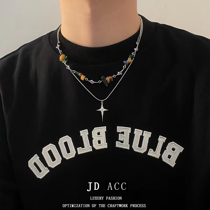 Kalung Pria Liontin Salib Kerikil Ganda Warna, Kalung Rantai Pria Keren Hip Hop Ganda