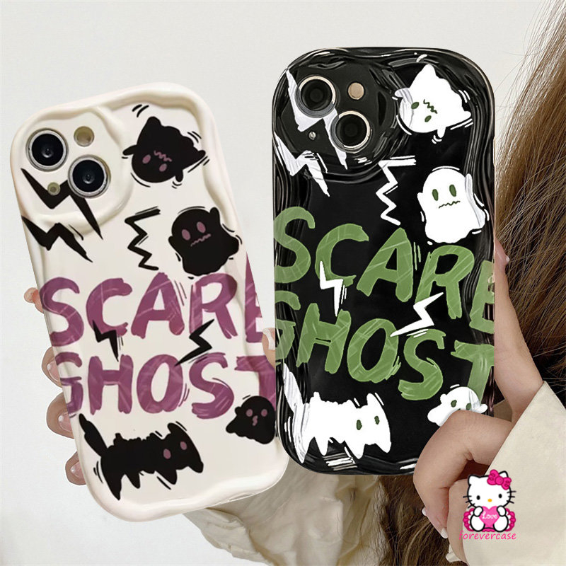 Cartoon Scared Ghost Cat Soft Tpu Case Compatible for IPhone 7Plus XR XS X Max 7 6 8 6s Plus 11 14 12 13 Pro Max SE 2020 Cute Little Monster 3D Wavy Curved Edge Couples Cover