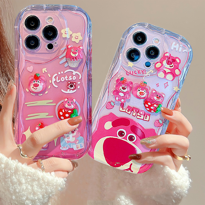 3d Boneka Strawberry Bear Manyo Kartun DIY Case Untuk Realme C53 C55 C12 C25 C35 C33 C31 C21Y C11 C15 C20 5 7i 5i 5s 6i 9i C25s C25Y C30 C17 C21 C3 C20A C3 3D Wavy Curved Edge Cover