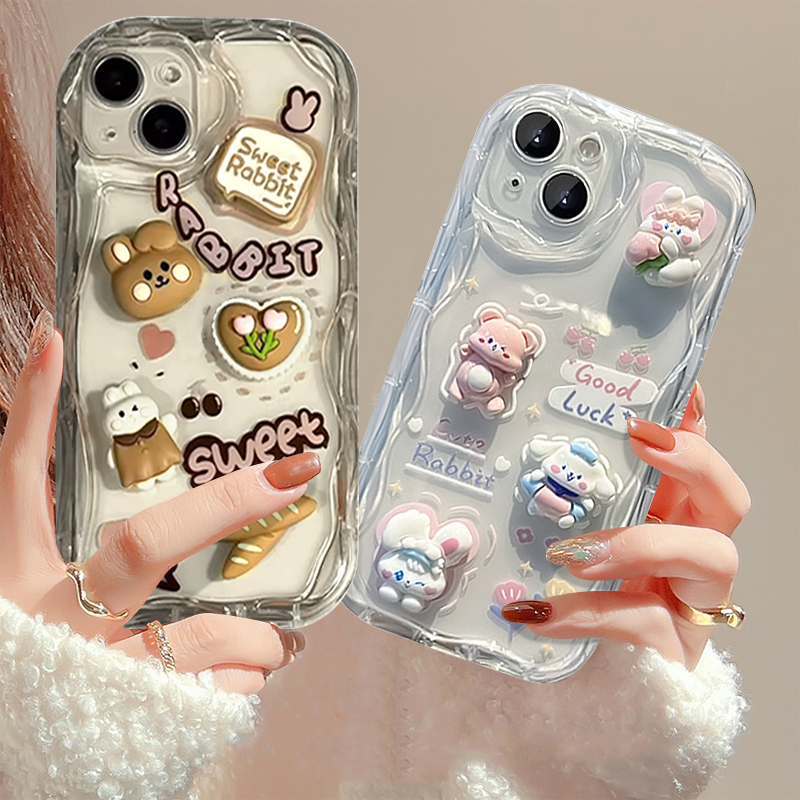 3d Boneka Kelinci Lucu Puppy Doodle Roti Case Untuk Realme C53 C25 C12 C33 C35 C11 C55 6i 9i 5s 7i 5i 5c31 C25s C21Y C15 C20 C25Y C30 C21 C17 C3 C20A 3D Wavy Curved Edge Case