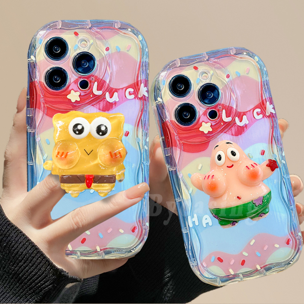 Casing Realme C53 C55 C33 C35 C31 C30s Realme 10 9i 8i 6i 5 7i C15 C25 C21Y C25Y C12 C1 C20 C3 C2 C1 Wavy Edge Warna Pelangi SpongeBob Patrick Star Soft Clear Case Dengan Bracket BY