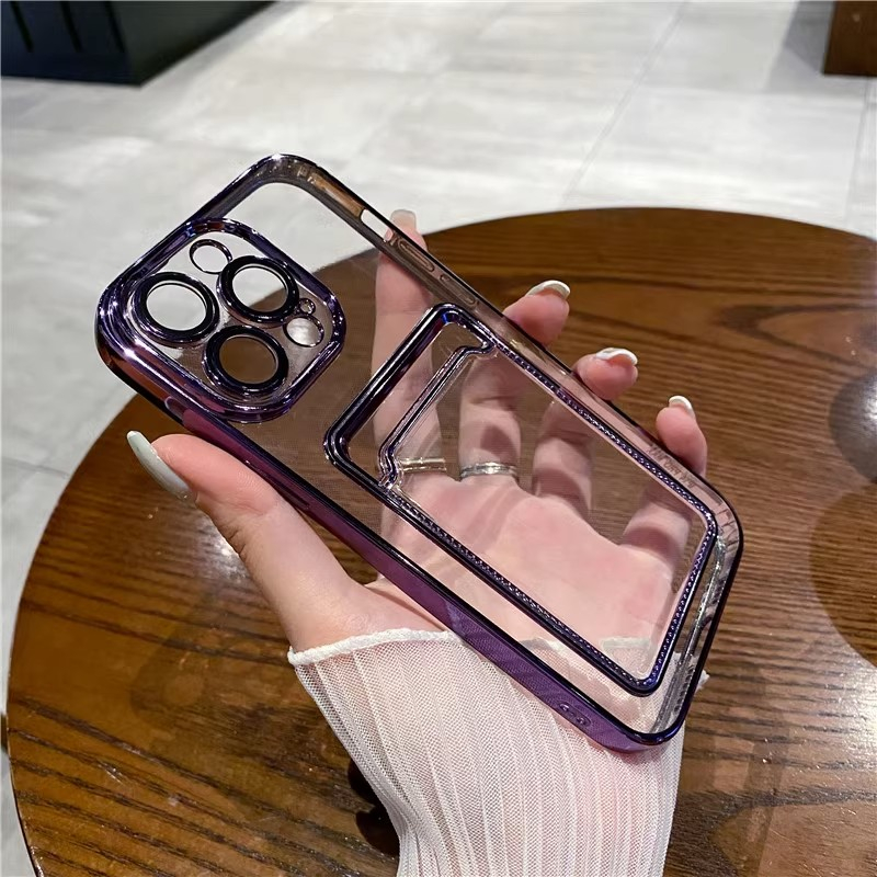 IPHONE Casing Tas Slot Kartu Transparan Case Untuk Iphone13 11 12 14Pro Max Shockproof Soft Bumper Clear Electroplated Cover Capa Untuk Iphone13