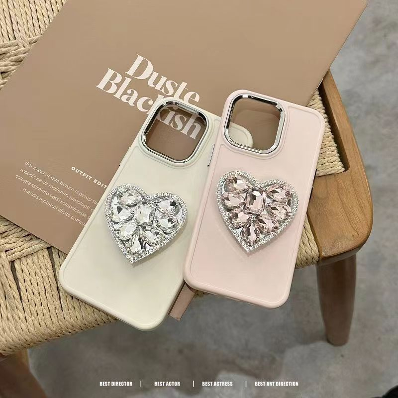 IPHONE 3d Korea Cinta Hati Berlian Ring Holder Stand Phone Case Untuk Iphone13 12 11 14 Pro Max XR X Metal Lens Protection Cover