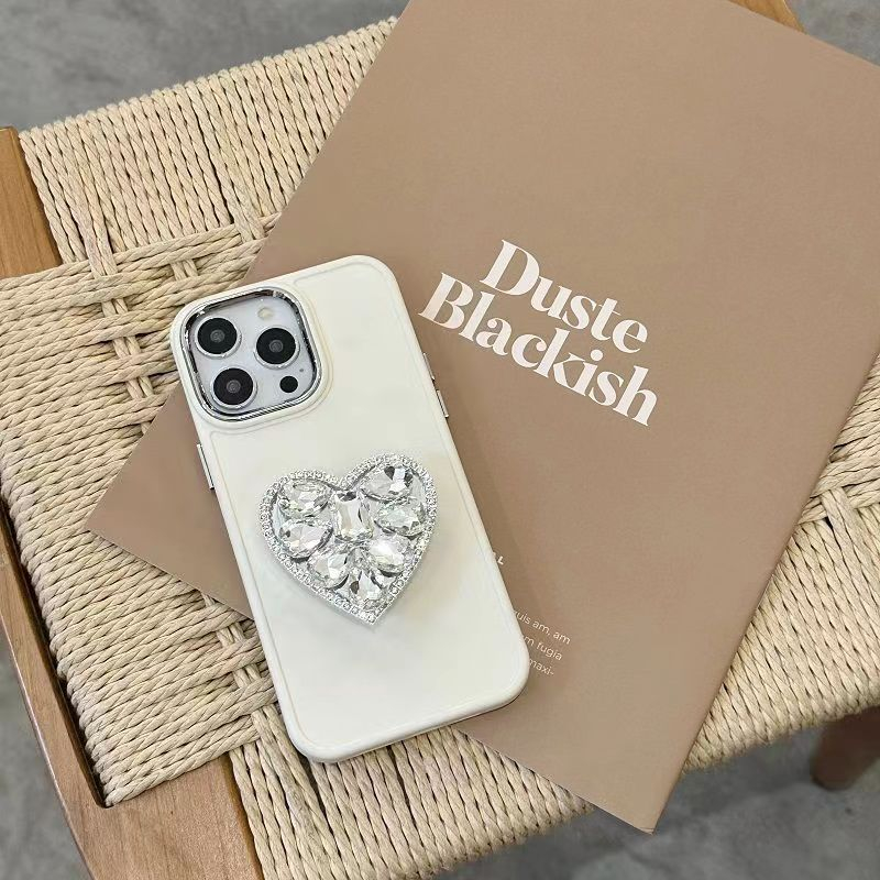 IPHONE 3d Korea Cinta Hati Berlian Ring Holder Stand Phone Case Untuk Iphone13 12 11 14 Pro Max XR X Metal Lens Protection Cover