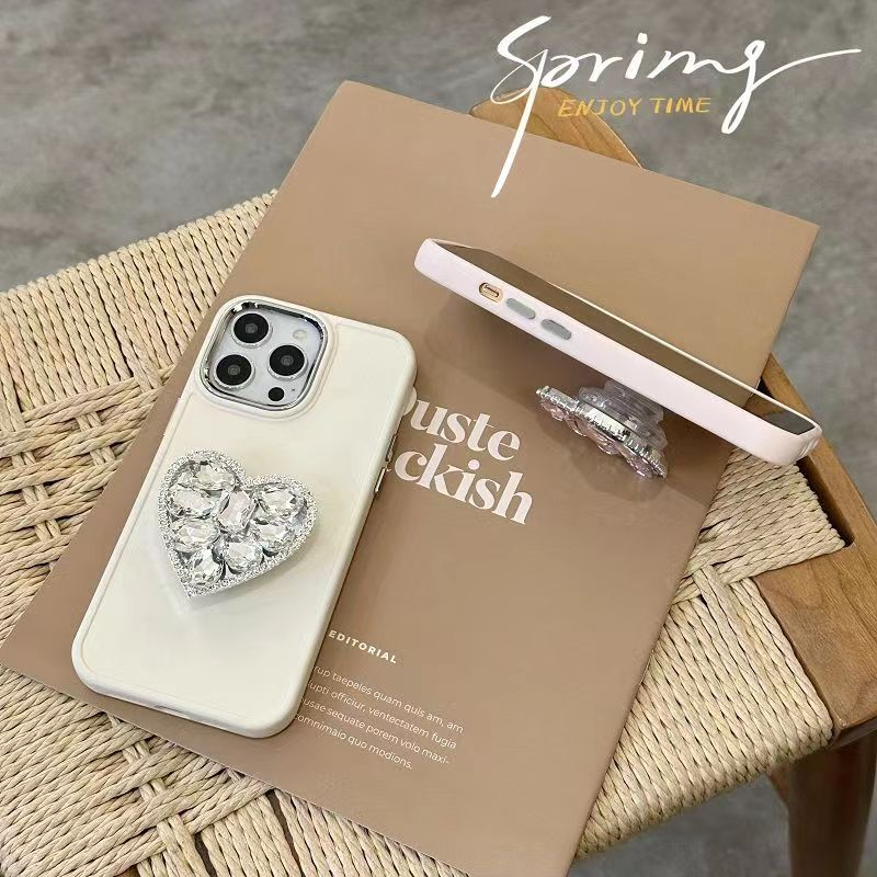 IPHONE 3d Korea Cinta Hati Berlian Ring Holder Stand Phone Case Untuk Iphone13 12 11 14 Pro Max XR X Metal Lens Protection Cover