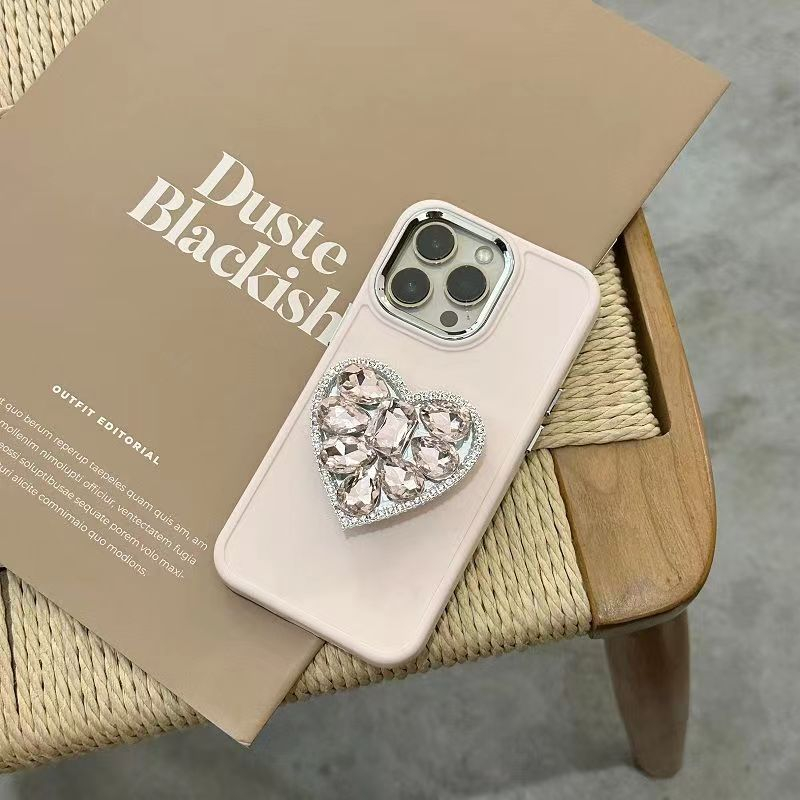 IPHONE 3d Korea Cinta Hati Berlian Ring Holder Stand Phone Case Untuk Iphone13 12 11 14 Pro Max XR X Metal Lens Protection Cover