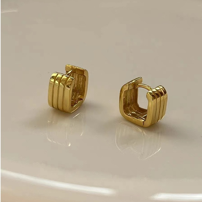 18k Sepuhan French Vintage Square Garis Vertikal Anting Gesper Telinga