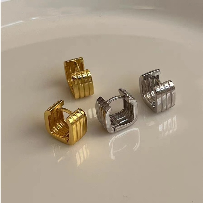 18k Sepuhan French Vintage Square Garis Vertikal Anting Gesper Telinga