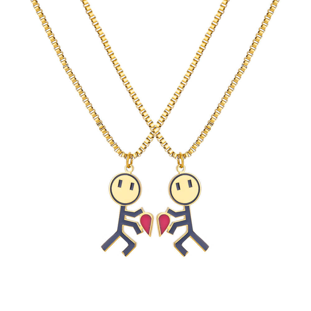 2 Pcs Hip Hop Kartun Smiley Stickman Hati Pasangan Kalung Pria Wanita Anti Karat Cinta Choker Perhiasan Hadiah