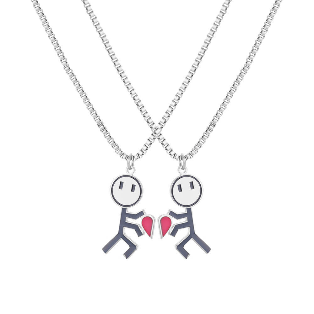 2 Pcs Hip Hop Kartun Smiley Stickman Hati Pasangan Kalung Pria Wanita Anti Karat Cinta Choker Perhiasan Hadiah