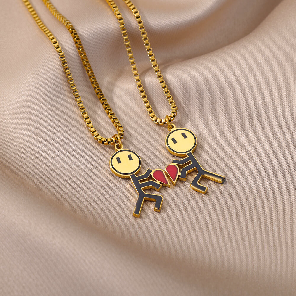 2 Pcs Hip Hop Kartun Smiley Stickman Hati Pasangan Kalung Pria Wanita Anti Karat Cinta Choker Perhiasan Hadiah