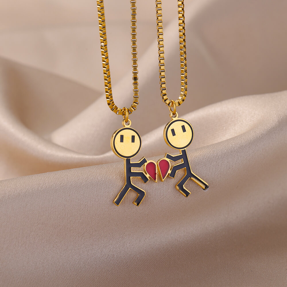 2 Pcs Hip Hop Kartun Smiley Stickman Hati Pasangan Kalung Pria Wanita Anti Karat Cinta Choker Perhiasan Hadiah