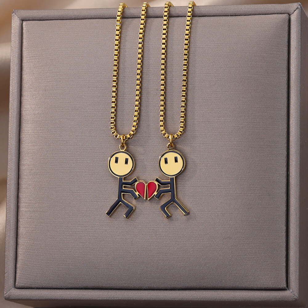 2 Pcs Hip Hop Kartun Smiley Stickman Hati Pasangan Kalung Pria Wanita Anti Karat Cinta Choker Perhiasan Hadiah