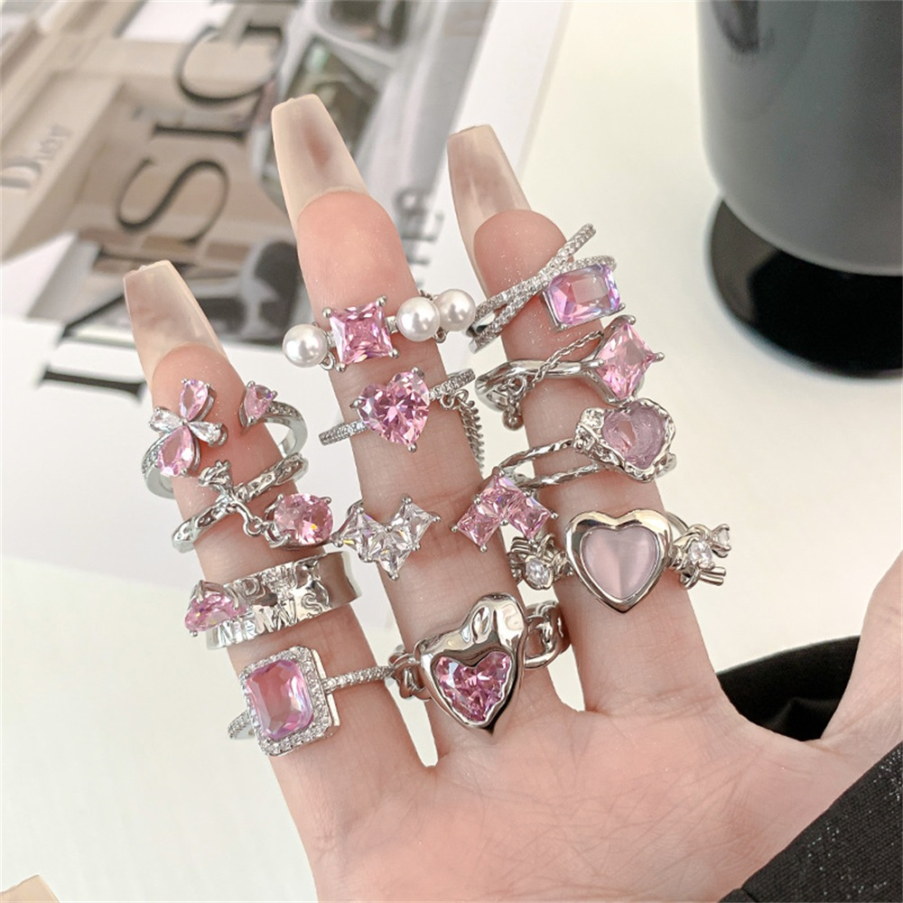 Korea Tidak Teratur Merah Muda Berlian Imitasi Logam Cinta Mutiara Cincin Fashion Kristal Wanita Perhiasan Hadiah Pembukaan